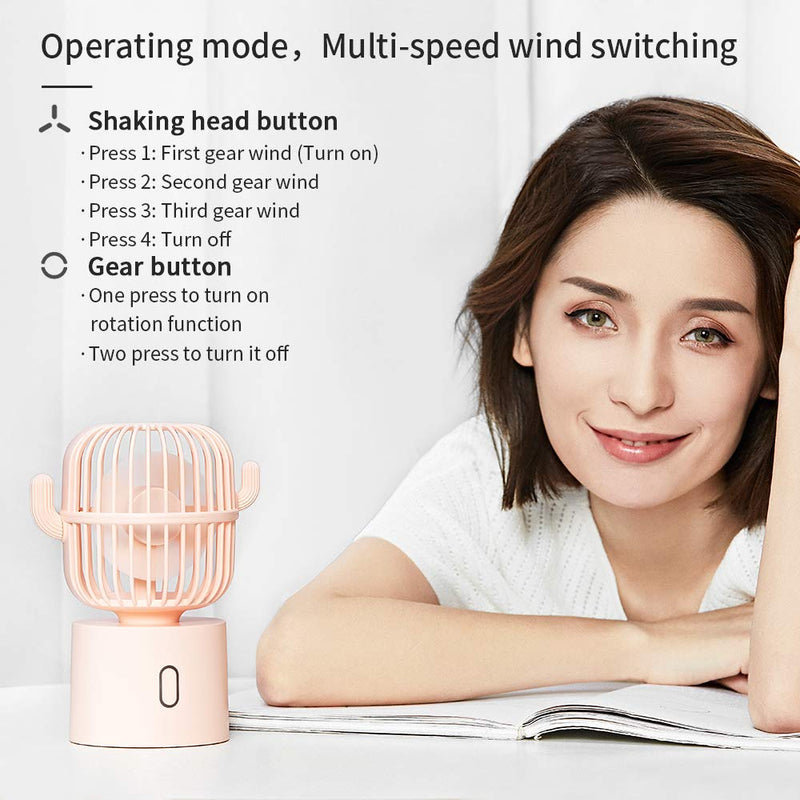 [Australia - AusPower] - Small Desktop USB Table Desk Fan Personal Fan, Cactus Mini Handheld Rechargeable 80 Degree Auto Rotation Portable Fans, 3 Speeds Strong Wind, Quiet Operation Fan for Girls Baby Room Home Office Pink 