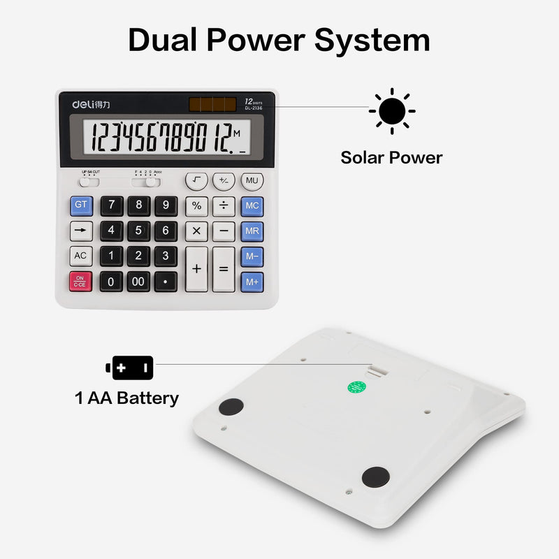 [Australia - AusPower] - Calculator, Deli Desktop Calculator, Financial Accounting Basic Calculators with 12 Digit Large LCD Display, Solar Battery Dual Power, White 