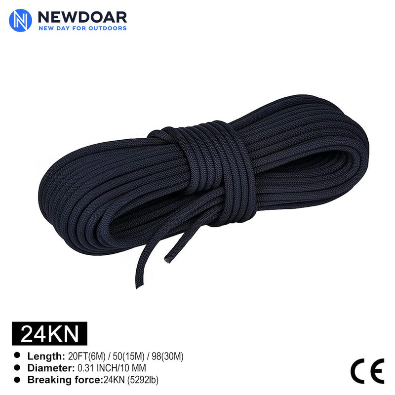 [Australia - AusPower] - NewDoar 10mm(3/8inch) Accessory Cord Rope CE 24KN Double Braid Pre Cut for Outdoor Survival, Mountaineering, Prusik,Hauling Dragginge Black,10mm 20FT(6M) 