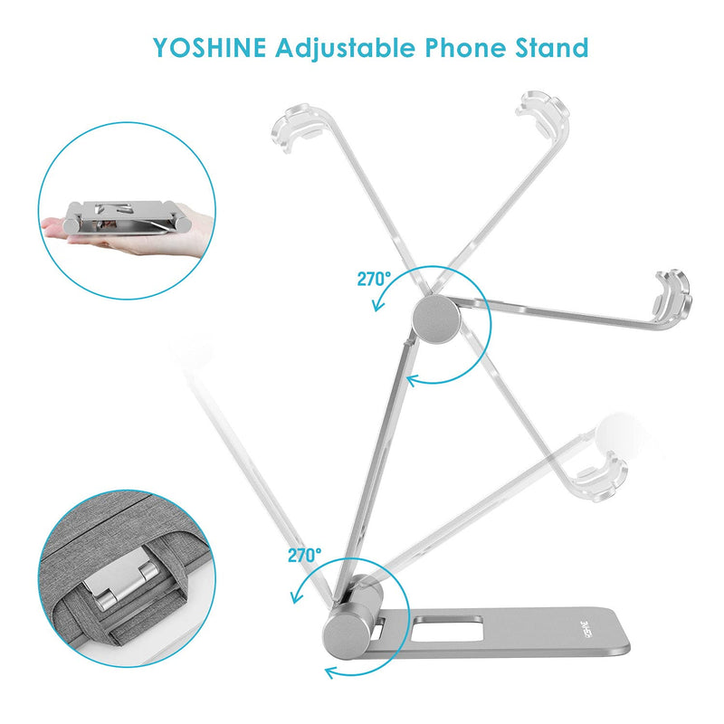 [Australia - AusPower] - Phone Stand, YOSHINE Adjustable Cell Phone Stand, Foldable Cell Phone Holder with Non-Slip Base, Portable Phone Holder for Desk, Solid Aluminum Stand Holder Dock for iPhone All Smart Phones - Silver Silvery 