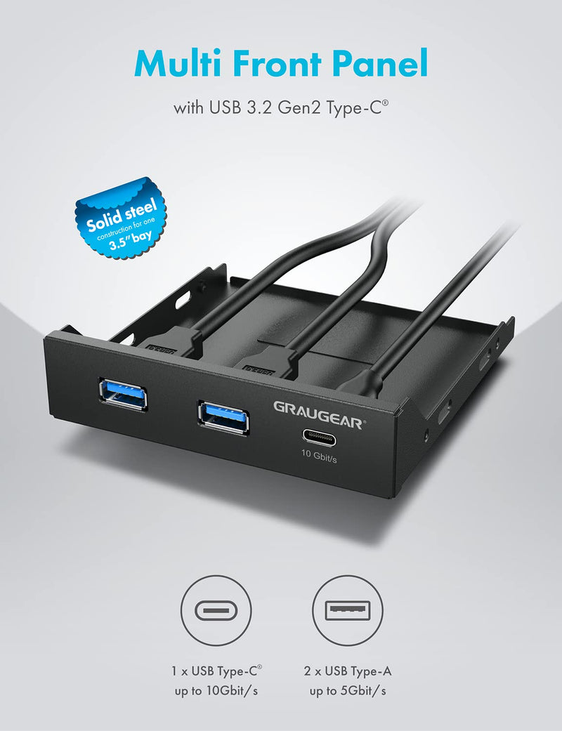 [Australia - AusPower] - GRAUGEAR 3.5 Inch Front Panel Hub, Internal Multi USB Slots of USB 3.2 Gen 2 USB-C and 2 USB 3.0 Ports, 20-Pin USB 3.2 Key-A Header Required, Fits 3.5" PC Computer Case Front Bay [G-MP01] 