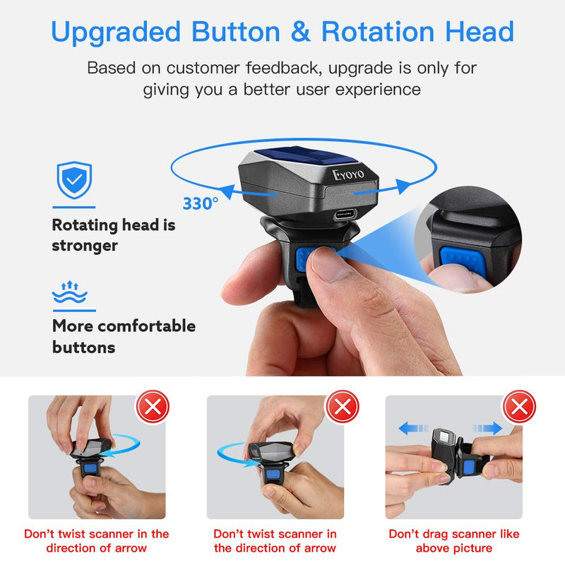 [Australia - AusPower] - Upgraded Eyoyo 1D Wireless Ring Barcode Scanner Bluetooth, 3-in-1 USB Wired Inventory Bar Code Scanner Fast Scanning Portable Mini Finger Barcode Reader for Tablet iPhone IPad Android Windows Mac 