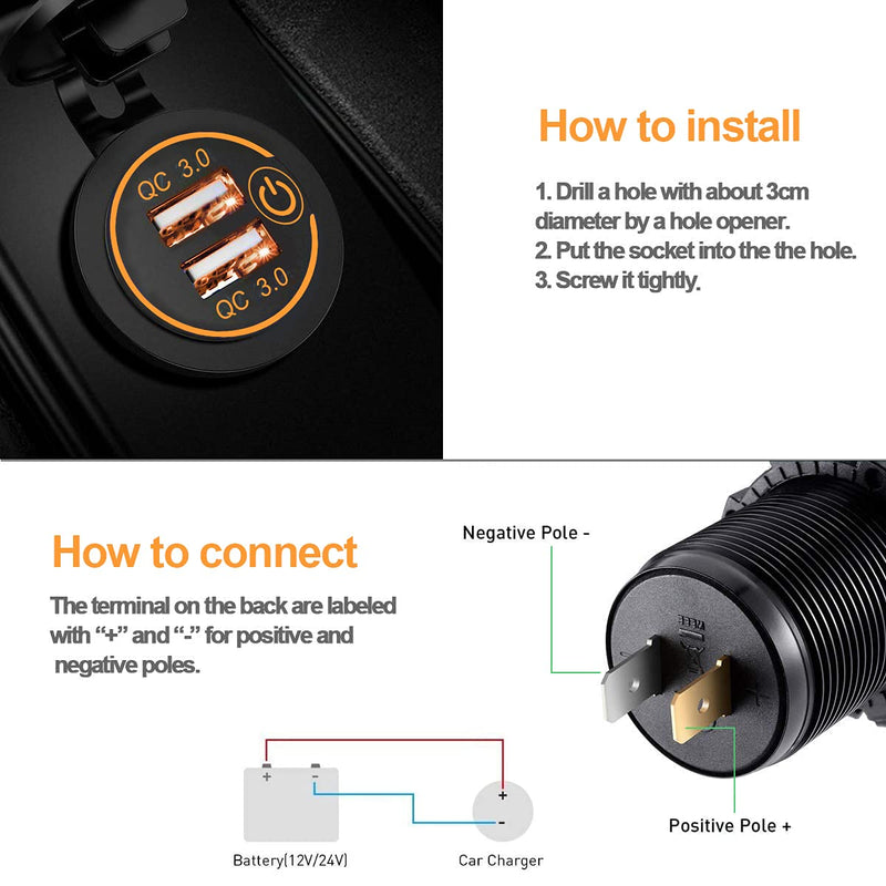 [Australia - AusPower] - Quick Charge 3.0 Dual USB Charger Socket, Waterproof 12V/24V USB Outlet QC3.0 Fast Charger Socket with Touch Switch DIY Kit for Car, Golf Cart, Marine, Boat, RV, Motorcycle, Truck,etc(Orange-2Pack) orange-2pack 