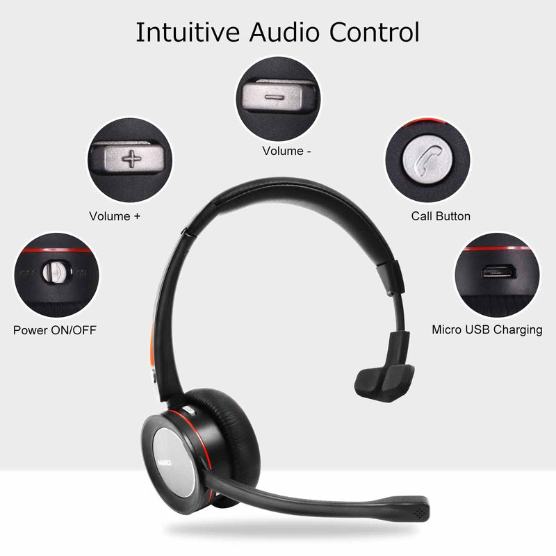 [Australia - AusPower] - Bluetooth Headset with Noise Canceling Microphone V5.0, Mono Wireless Headset with Mic Mute, 24hrs Clear Talk Time Comfort for Truck Car Driver Office Business Call Center Home Work Cell Phone PC 