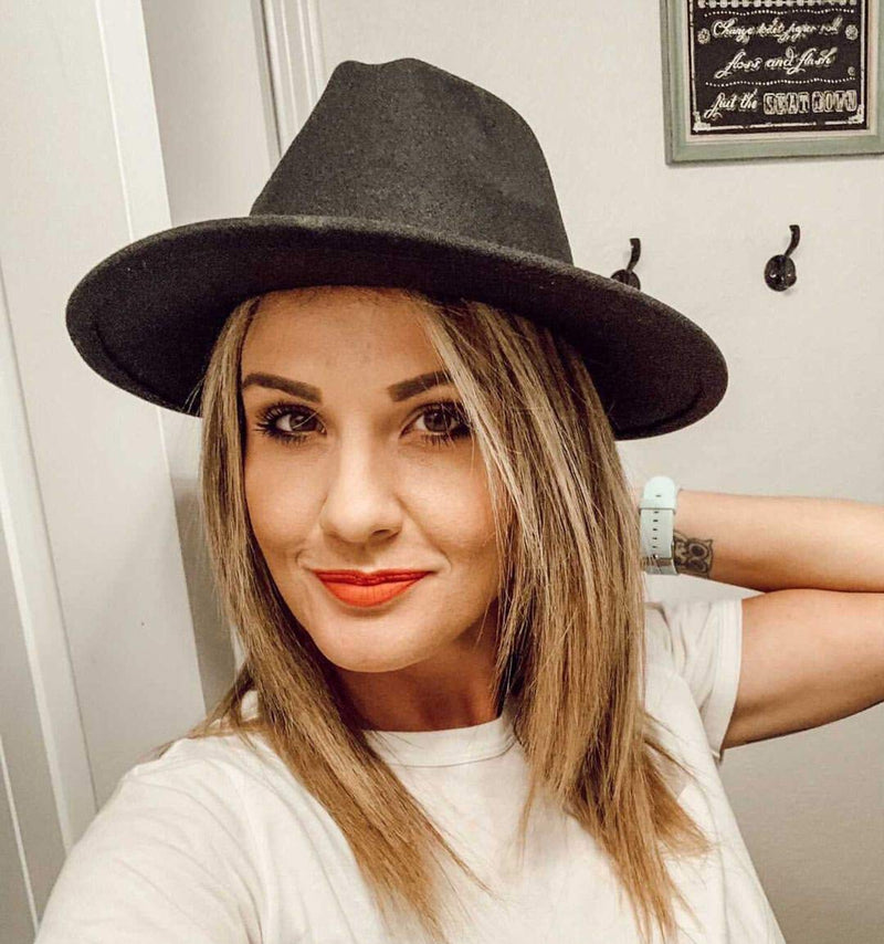 [Australia - AusPower] - Lanzom Womens Classic Wide Brim Floppy Panama Hat Belt Buckle Wool Fedora Hat A-black One Size 