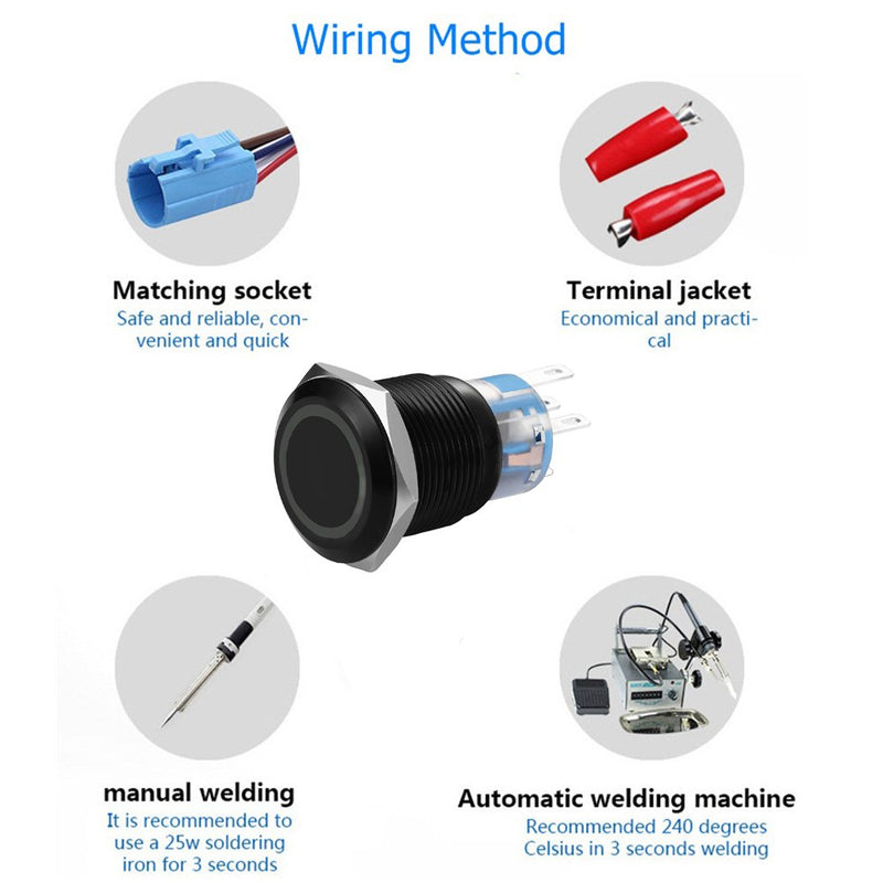 [Australia - AusPower] - 19mm Latching Push Button Switches SPDT ON/Off Waterproof Black Metal 12V Ring LED with Wire Plug (Red) Red 