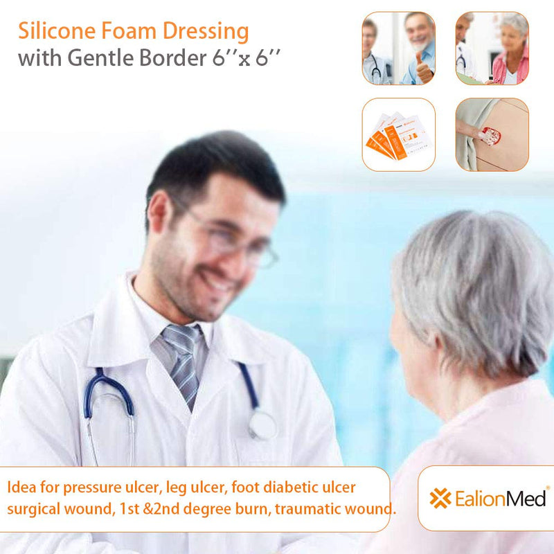 [Australia - AusPower] - Silicone Foam Dressing with Gentle Adhesive Border 6''x6'' 5 Pack, Painless Removal High Absorbency Waterproof Bed Sore Bandage for Pressure Ulcer, Leg Ulcer, Diabetic Foot Ulcer by EalionMed 6x6 Inch (Pack of 5) 
