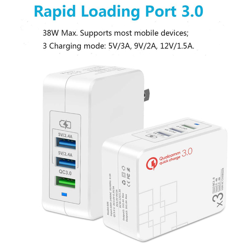 [Australia - AusPower] - Fast Charge 3.0 USB Wall Charger (3A Max.) with Dual 5V/2.4A USB Ports (Total 4A), Portable 38W QC3.0 USB Charger Power Adapter with Foldable Plug for iPhone XS/Max/XR/X/8/7/6s/Plus, iPad Pro/Air White 