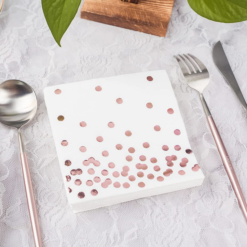 [Australia - AusPower] - 80 Pack of White Paper Cocktail Napkins with Gold Foil Polka Dot Confetti，Polka Dot Party Supplies(5 x 5 in，3-ply) (Rose Gold) Rose Gold 