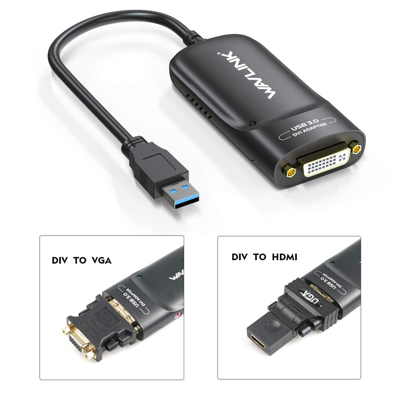 [Australia - AusPower] - WAVLINK USB 3.0 to DVI/VGA/HDMI Universal Video Graphics Adapter with Audio Port Supports up to 6 Monitor displays,2048x1152 Resolution External Video Card Adapter Supports Windows and Chrome OS Black-DVI 
