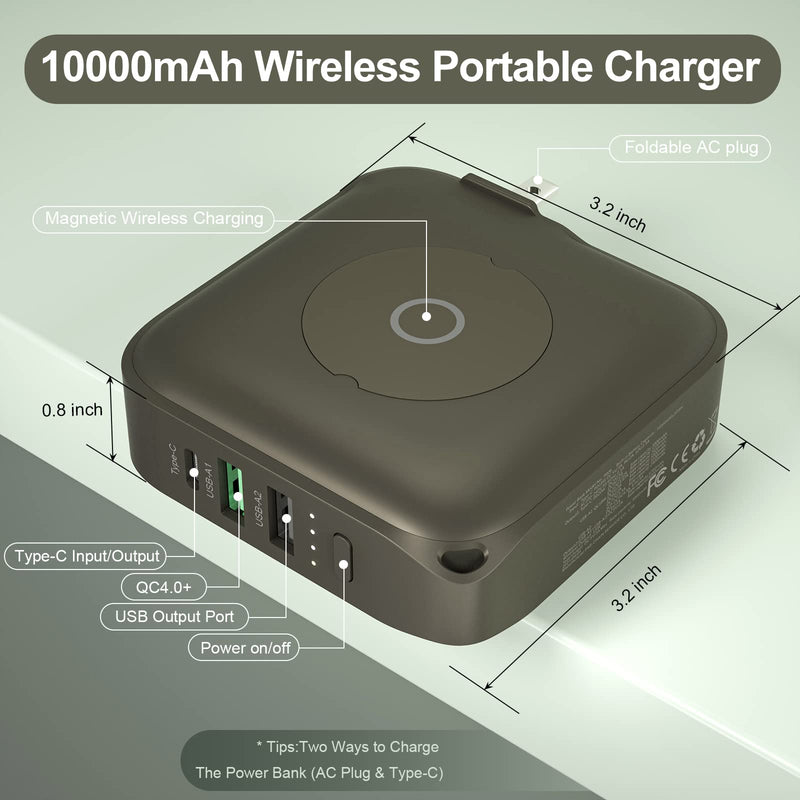 [Australia - AusPower] - MYao Magnetic Wireless Power Bank, 15W Wireless Portable Phone Charger 10000mAh, 4 Output PD 20W, QC 18W Cell Phone Battery Pack Built in Wall Charger for iPhone, iPad, Samsung, Pixel and More, Green Army Green 