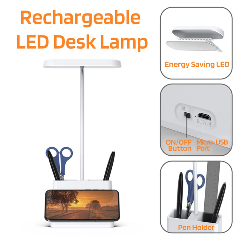 [Australia - AusPower] - LED Desk Lamp with Pen Holder, AXX Desk Light for Computer/Desktop - White, Rechargeable, Eye-Caring, Flexible Gooseneck - Bedside Table Lamp for Reading, Small Study Lamp for Kids, Home, Office, Dorm 