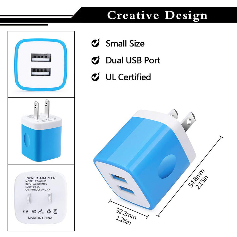 [Australia - AusPower] - USB Wall Charger, Charging Block, 3Pack 2.1A 2 Port Wall Plug Travel Power Adapter Fast Charger Box Compatible with iPhone 12/12 Mini/11 Pro Max/SE/Xs Max/XR/X/8/7/6 Plus, Samsung Galaxy S21 S20 Ultra Blue,Green,Purple 