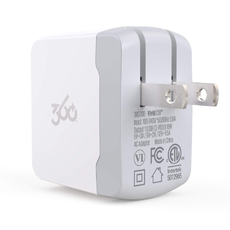 [Australia - AusPower] - 360 Electrical 360708 Vivid 18W USB-C PD Wall Charger with 18 Watt Power Delivery, Folding Plug, LED Guide Lights and Charge Sense Technology (White) 