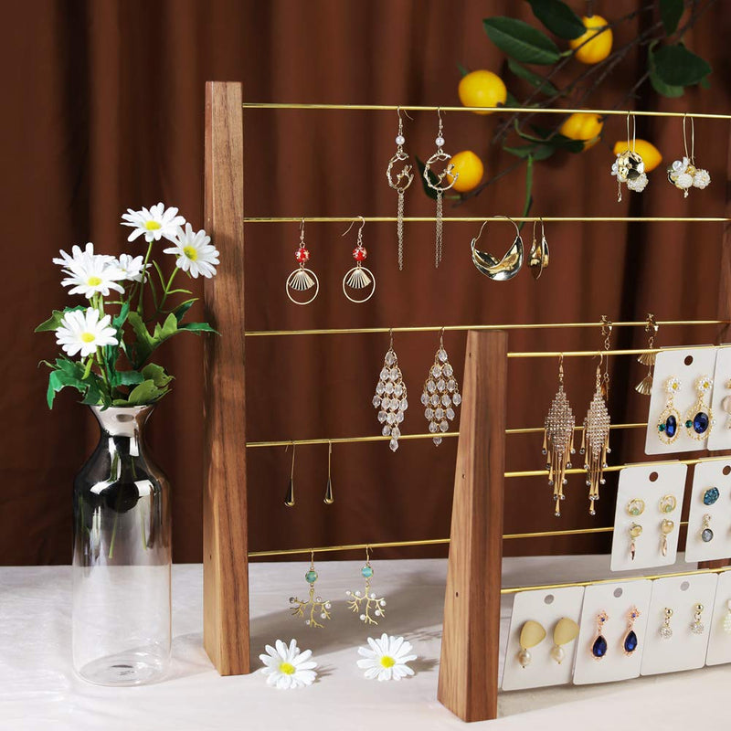 [Australia - AusPower] - GemeShou Walnut Brass 5 Tier Earring Cardboad Hanger Stud Dangle Hoop Earring Storage Organizer Tabletop Clip on Earring Display Stand 【Walnut-Brass 5-Tier Height 15.6"】 E2/Walnut Ladder 5-Tier (16.3"x2.4"x15.6" H)+30pcs PVC Earring cards for Free 