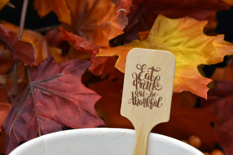 [Australia - AusPower] - Perfect Stix - Cocktail 6 SQ-B-Eat Drink Thankful-50 6" Wooden Cocktail/Drink Stirrers with Thanksgiving Print"Eat Drink and be Thankful" Brown - Pack of 50ct 