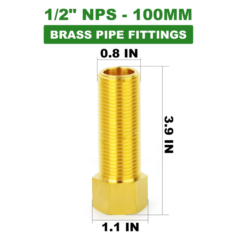 [Australia - AusPower] - TAISHER 2PCS Brass Pipe Fitting, Extension Hex Adapter, 1/2" Male Pipe x 1/2" Female Pipe, Length 100 mm/3.94 Inch 100mm Length 2 