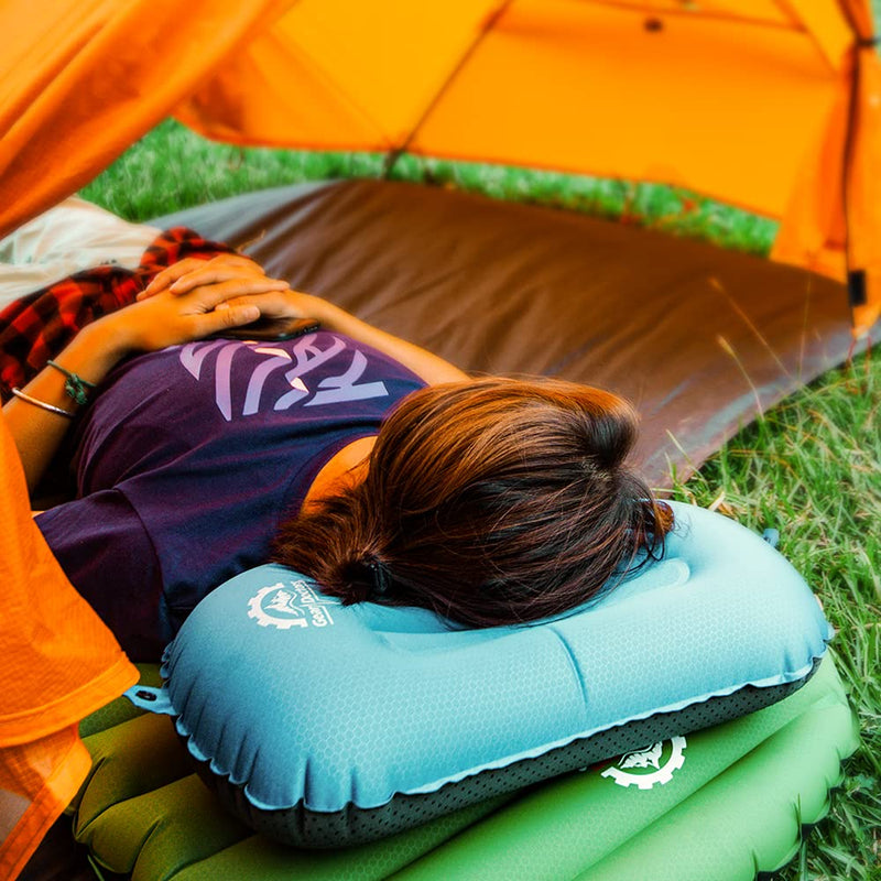 [Australia - AusPower] - Gear Doctors Anti-Slip Ultralight Inflatable Camping Pillow -Ergonomic Design for Maximum Neck and Back Support - Compact and Comfortable Perfect for Camping Hiking (Blue Camping Pillow) Blue Camping Pillow 