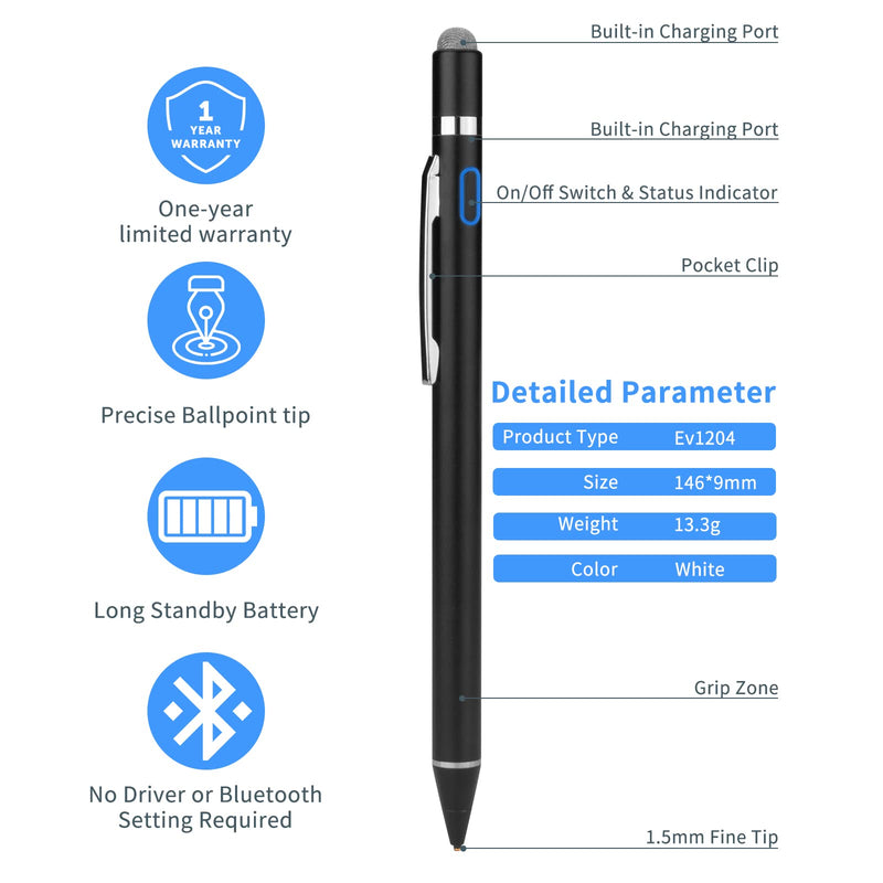 [Australia - AusPower] - Evach Active Stylus Digital Pencil with 1.5mm Ultra Fine Tip Pen for iPad/iPhone/Samsung/HP/Dell/ASUS Tablets, Drawing Stylus Pen on Touch Screens,Black Black 