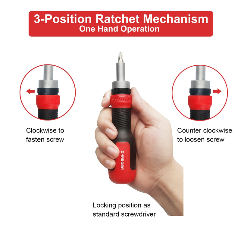 [Australia - AusPower] - SHARDEN Ratchet Screwdriver 13-in-1 Ratcheting Screwdriver Set Multi Screwdriver Tool All in One with Torx Security, Flat Head, Phillips, Hex, Square and 1/4 Nut Driver Multibit Ratcheting Red 