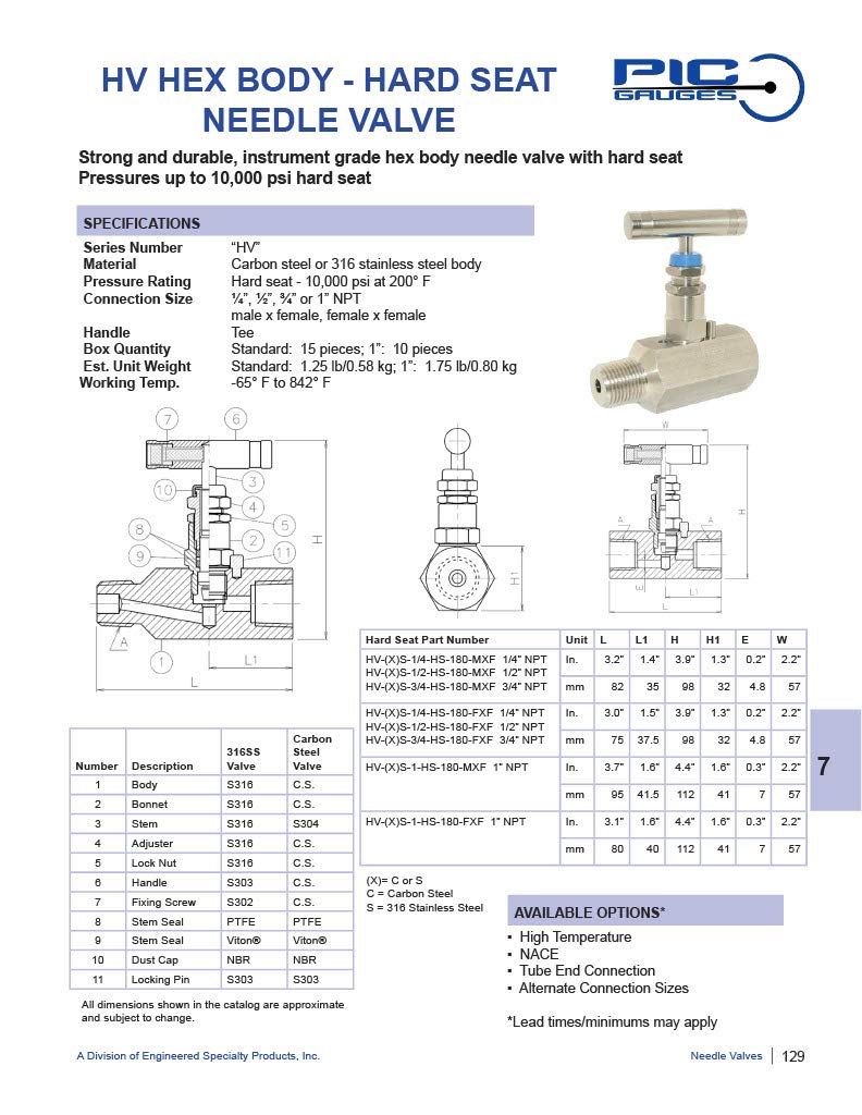 [Australia - AusPower] - PIC Gauge HV-CS-1/2-HS-180-MXF Carbon Steel Hex Body Straight Needle Valve with Hydraulic Service Seat, 1/2" Male NPT x 1/2" Female NPT Connection Size, 10,000 psi Pressure 0.5 Inch M x F 