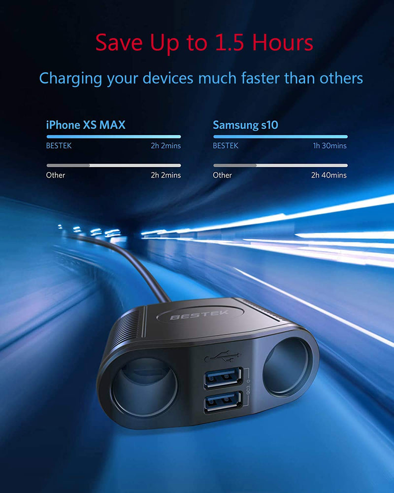 [Australia - AusPower] - BESTEK QC3.0 Cigarette Lighter Splitter, 150W 12V/24V Car Charger Adapter DC Outlet Car Charger Splitter with 26 Inches Cord for Cellphone Tablet GPS Dash Cam 