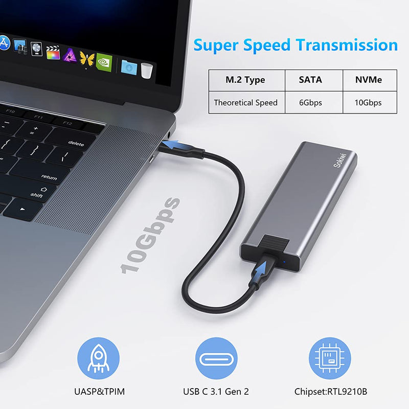 [Australia - AusPower] - M.2 NVME SATA SSD Enclosure Adapter Tool-Free, RTL9210B Chips, USB C 3.1 Gen 2 10Gbps NVME, 6Gbps SATA PCIe M-Key(B+M Key), Support UASP Trim for SSD Size 2242/2260/2280 