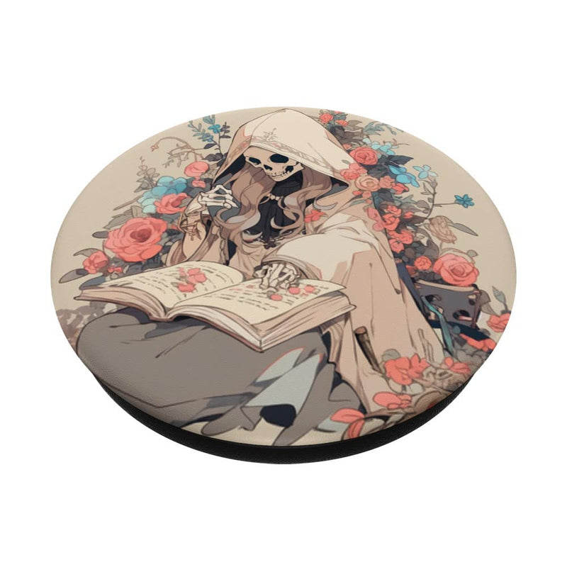 [Australia - AusPower] - Librarian Skeleton Gothic Goth Book Reading Lover Beige PopSockets Swappable PopGrip Black 