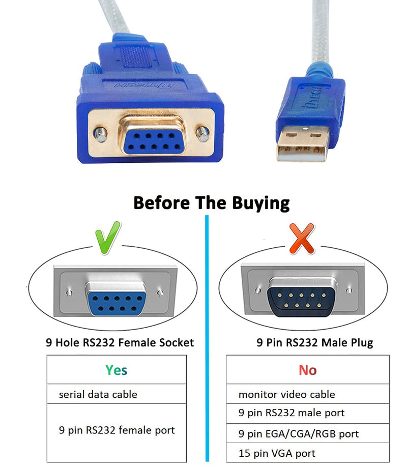 [Australia - AusPower] - DTech 6 Feet USB to RS232 DB9 Female Serial Adapter Cable Windows 11 10 8 7 Mac Linux Serial to USB 2.0 (PL2303 Chip) 6ft RS233 cable 