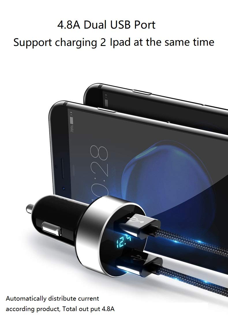 [Australia - AusPower] - LIHAN Dual USB Car Charger,4.8A Output,Cigarette Lighter Voltage Meter Compatible with Apple iPhone,iPad,Samsung Galaxy,LG,Google Nexus,USB Charging Devices,Silver Silver 