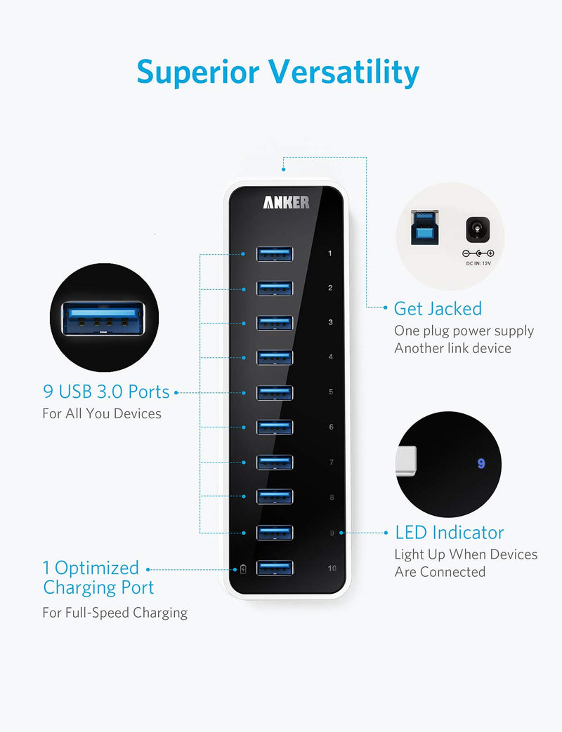 [Australia - AusPower] - [Upgraded Version] Anker USB 3.0 SuperSpeed 10-Port Hub Including a BC 1.2 Charging Port with 60W (12V / 5A) Power Adapter [VIA VL812-B2 Chipset and Updated Firmware 9081] AH231 