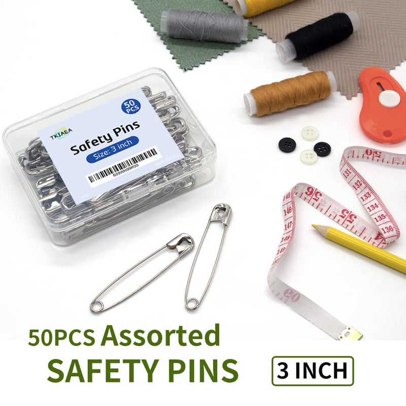 [Australia - AusPower] - Tkiaea 3 Inches Large Safety Pins, Pack of 50, Big Heavy Duty Safety Pins, Safety Pins Bulk, Stainless Steel Safety Pins Silver 3 inch 