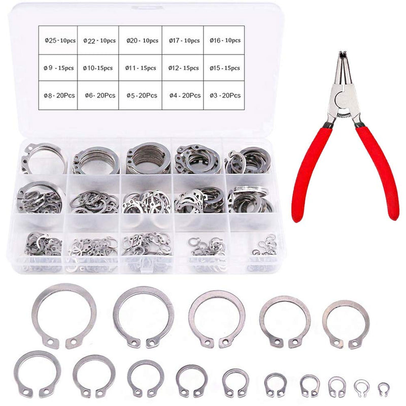 [Australia - AusPower] - DAOKI 225PCS External Retaining Rings Assortment Kit 15 Size 304 Stainless Steel 3mm to 25mm for Machine with Internal Circlip Plier 