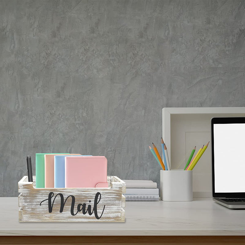 [Australia - AusPower] - Whitewashed Wood Tabletop Mail Holder Box, Desktop Mail Organizer, Farmhouse Mail Organizer Countertop, Mail Holder, Letter Holder, Mail Storage Box, Bill Coupon Organizer with Letter Script Design 