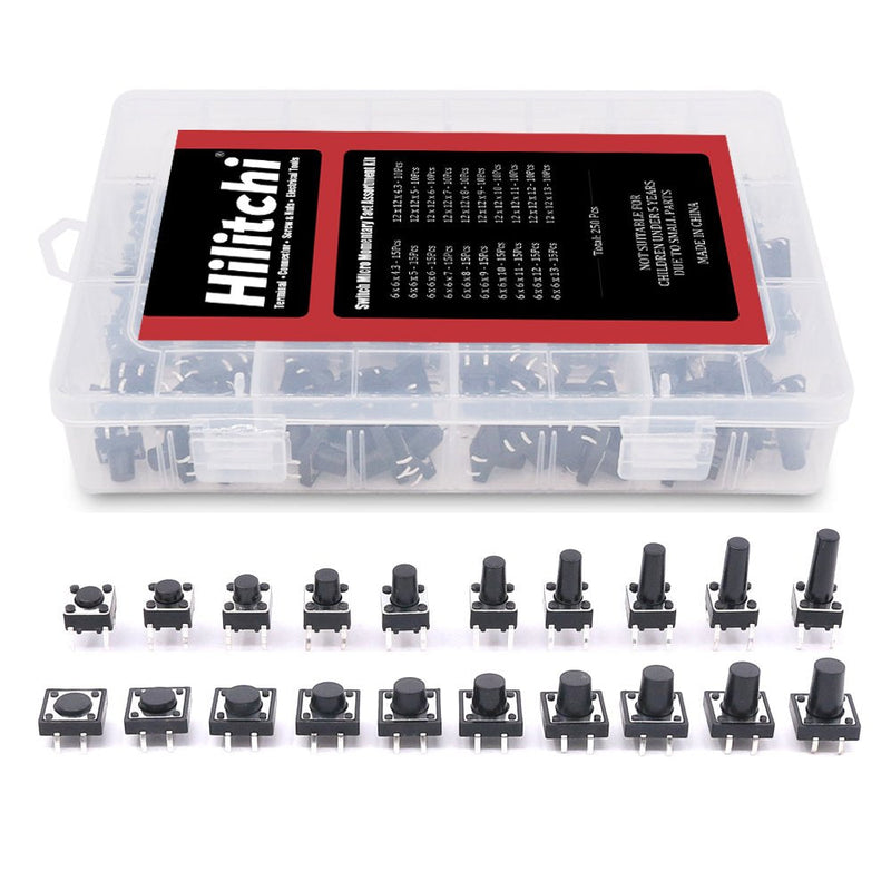 [Australia - AusPower] - Hilitchi 250-Pcs 6 x 6mm 12 x 12mm Tactile Push Button Switch Micro Momentary Tact Assortment Kit - 20 Value / 4 Pins 