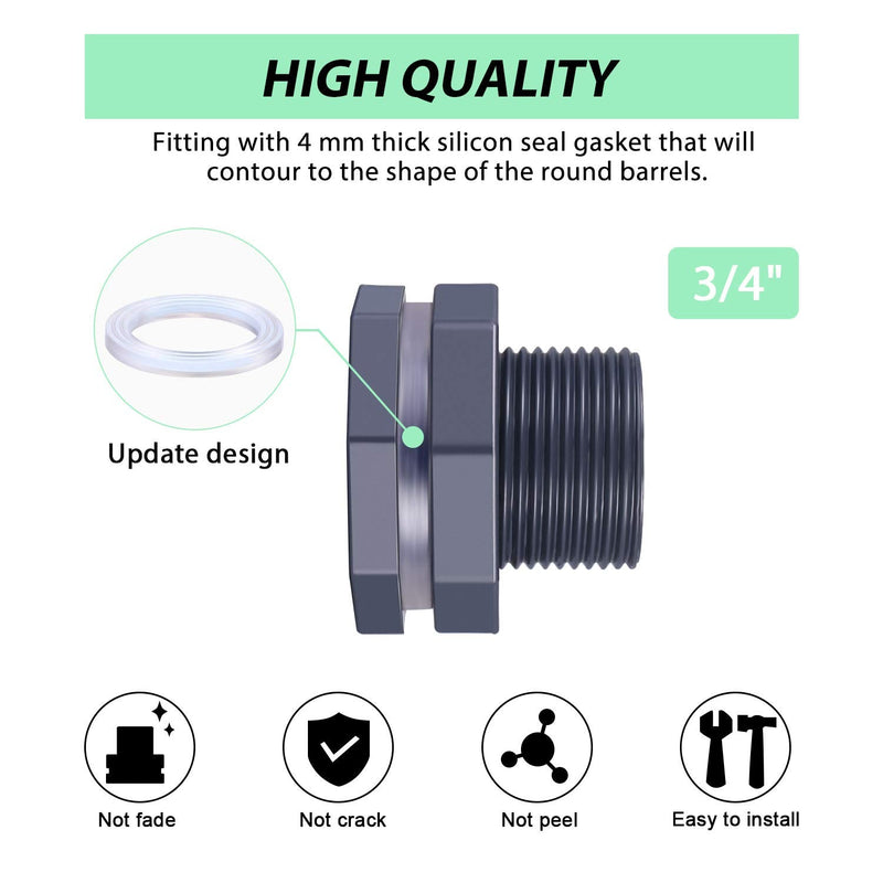 [Australia - AusPower] - 2 Pieces PVC Bulkhead Fitting for Rain Barrels, Aquariums, Water Tanks (3/4 Inch) 3/4 Inch 