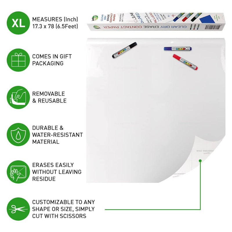 [Australia - AusPower] - HA SHI (Clear) 17.3" x 78” (6.5 Feet)Dry Erase Board Sticker Roll on Wall - 3Dry-Erase Markers Included - Adhesive Board Film for Refrigerator,Desk,Office - Self Adhesive White Clear Board Roll Sheet 