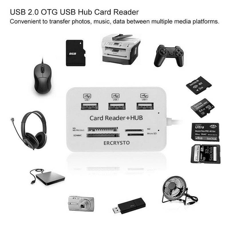 [Australia - AusPower] - ERCRYSTO Card Reader and 3 Ports USB Hub, High Speed External Memory Card Reader (MS, Micro SD,SD/MMC,M2,TF Card), White. 