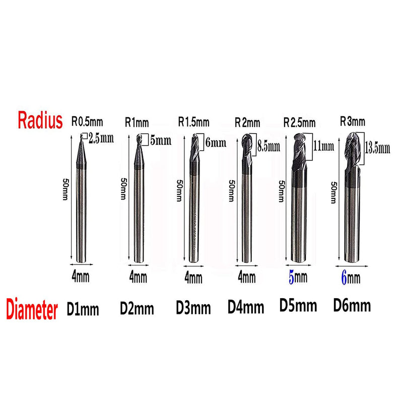 [Australia - AusPower] - Radius 0.5 1 1.5 2 2.5 3 Ball Nose Carbide End Mill Set CNC Cutter Router Bits 2 Flute Spiral Milling Tool 