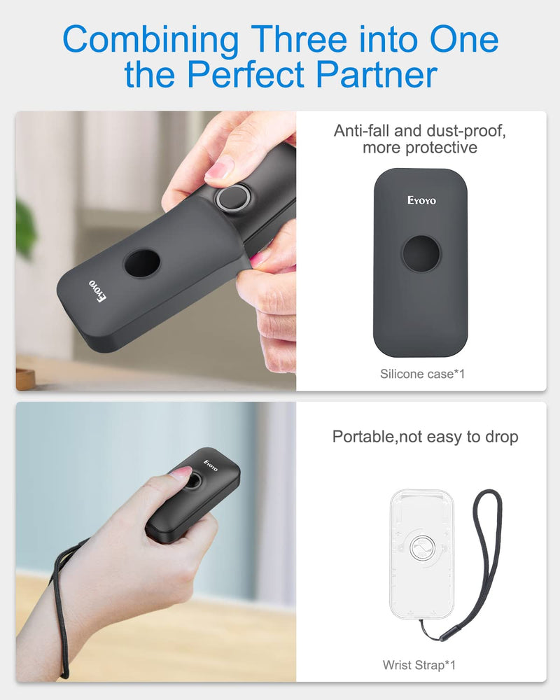 [Australia - AusPower] - Eyoyo Mini 1D Bluetooth Barcode Scanner with Case, 3-in-1 Bluetooth & USB Wired & 2.4G Wireless Barcode Reader Portable Bar Code Scanning Work with Windows, Android, iOS, Tablets or Computers(Black) Black 