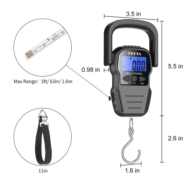 [Australia - AusPower] - HEETA Fish Scale with Backlit LCD Display, Digital Portable Hanging Scale Luggage Scale with Measuring Tape for Home and Outdoor, 2 AAA Batteries Included Black 