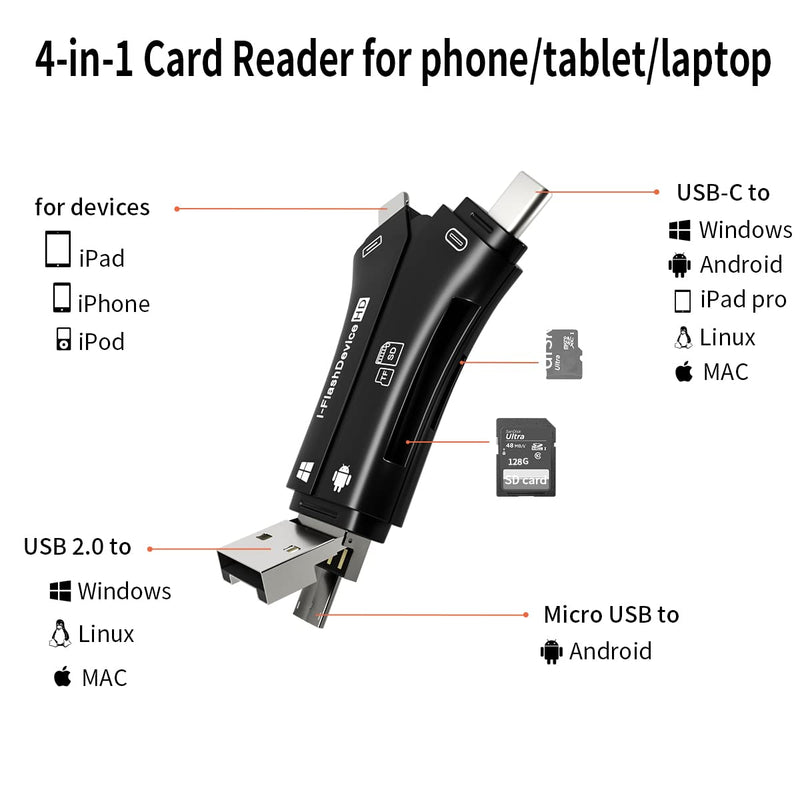 [Australia - AusPower] - ZOIOT SD Card Reader for iPhone / iPad / MacBook / Android / Camera / Computer 4 in 1 Micro SD Card Reader USB C Memory Card Reader Portable Trail Camera Viewer Compatible with SD TF (Black) 