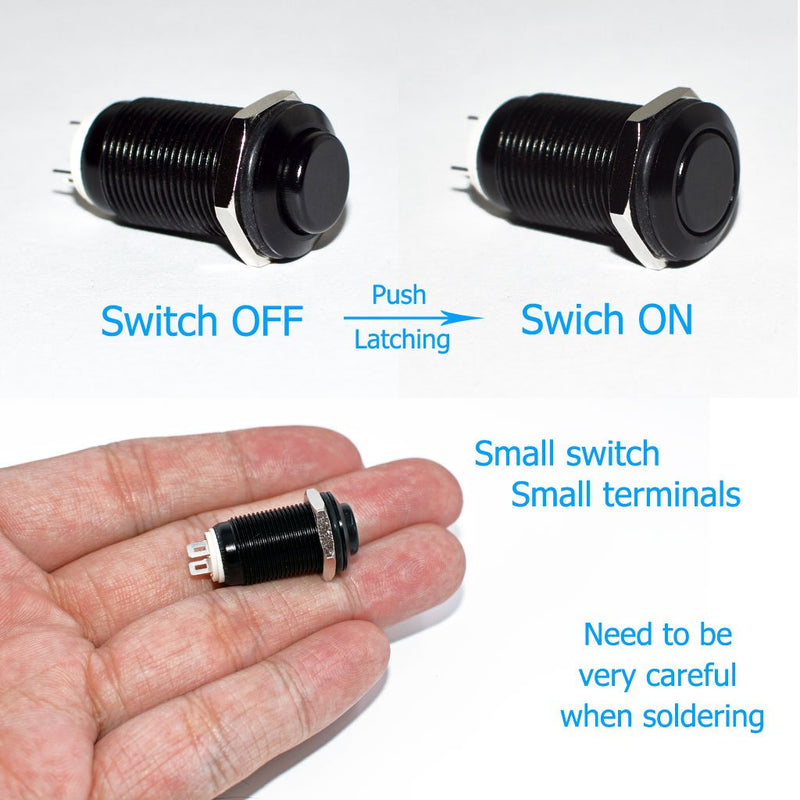 [Australia - AusPower] - Latching Push Button Switch, URTONE UR129, 1NO ON/Off DC/AC 36V 2A Aluminum Alloy Metal Shell Suitable for 12mm 1/2" Mounting Hole (Black) Black 