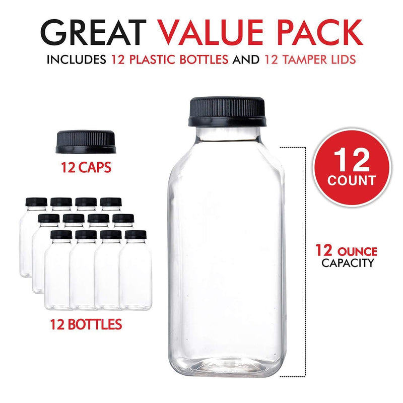 [Australia - AusPower] - Stock Your Home 12-Ounce Bottles with Black Caps (12 Pack) - BPA-Free Plastic Bottles with Tamper Proof Caps - Leak Resistant & Reusable - Bottles for Juice 12 Ounce (12 Pack) 