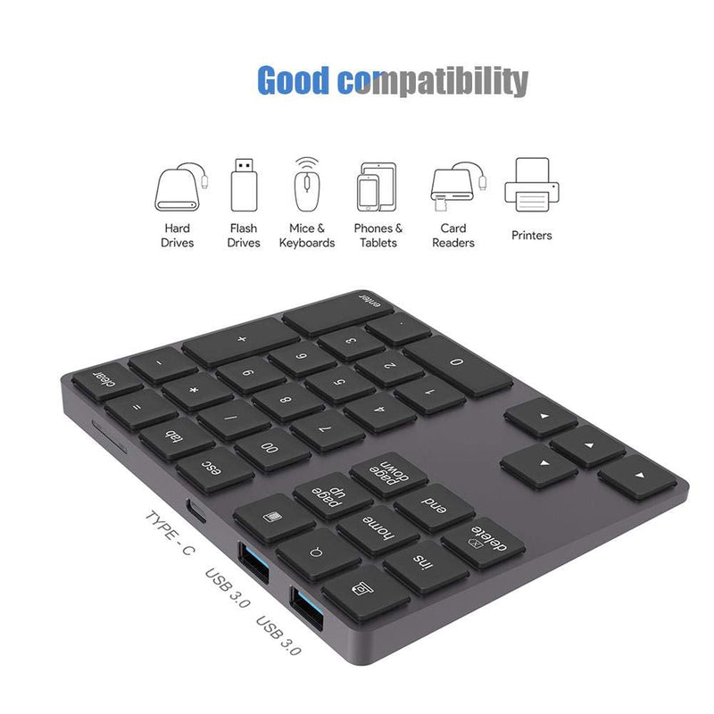 [Australia - AusPower] - Wired/Bluetooth Numeric Keypad, Portable Wireless Bluetooth 34-Key External Number Pad with 2 USB 3.0 Interface for Computer Laptop Windows, OS, Android(Black) Black 