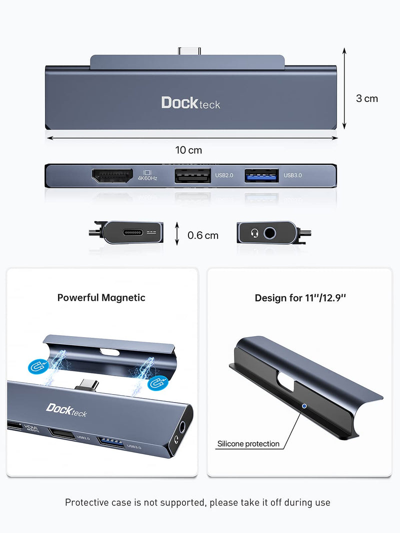 [Australia - AusPower] - iPad Pro USB C Hub Multiport Adapter - Dockteck USBC Hub 5 in 1 with 100W PD, 4K 60Hz HDMI, Audio, USB 3.0, USB C Dock with Magnetic Grip for iPad Pro 12.9 2021 2020 2018, iPad Air, iPad Mini 6 