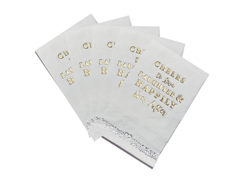 [Australia - AusPower] - Dinner Napkins Cheers - Pack (100 pieces) Napkin Gold and Plate Foil Paper Napkins, 1/6 Fold 2-Ply, Wedding, Anniversary Disposable Party Supplies, White, Folded 4 x 8 Inches Dinner Cheers 100 100 pieces 