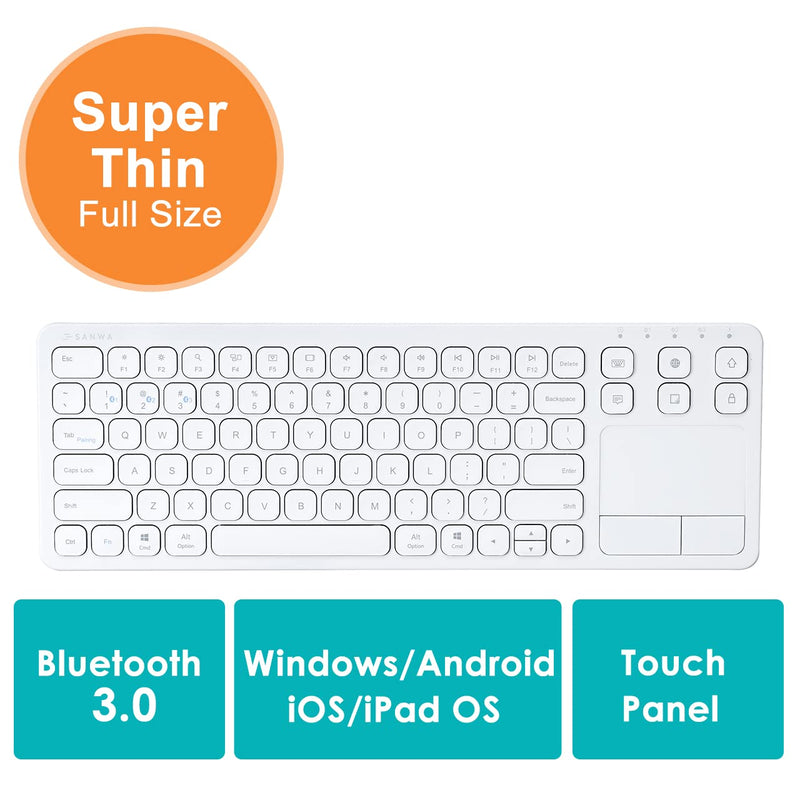[Australia - AusPower] - SANWA Multi Device Bluetooth Keyboard with Touchpad, Rechargeable Keypad with Trackpad for Laptop Desktop Computer PC iPad/iPhone Tablet, Compatible with MacBook, Windows, Android, iOS, White 