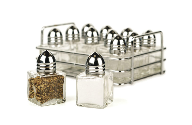 [Australia - AusPower] - RSVP International Mini Glass Salt & Pepper Set Holder Included, 12 Shakers, Chrome and Stainless Steel 