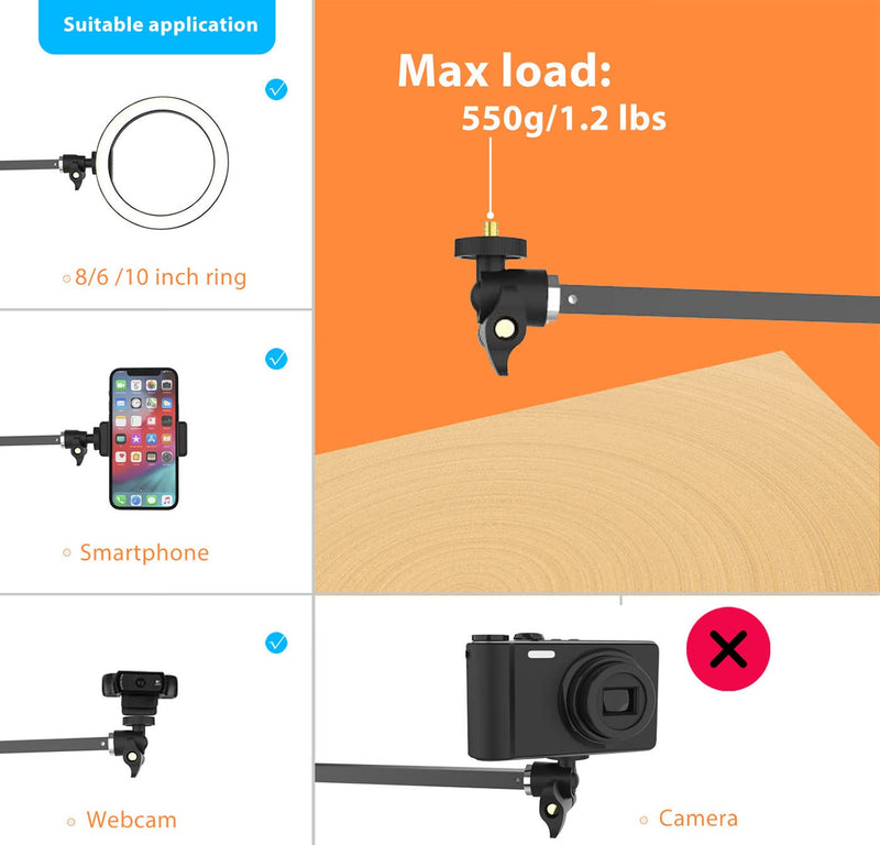 [Australia - AusPower] - Long Overhead Tripod Mount for iPhone Webcam Ring Light, Gooseneck Desk Phone Arm Holder for Over Head Video Recording Filming Live Streaming, Webcam Tripod Stand with Articulating Arm 